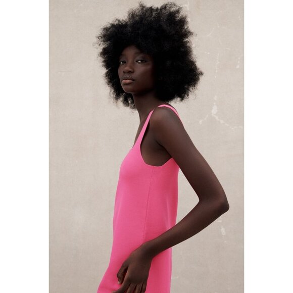 NWT Zara Hot Pink Knit Square Neck Ribbed A-Line Bodycon Barbiecore Mini Dress S - Picture 15 of 16